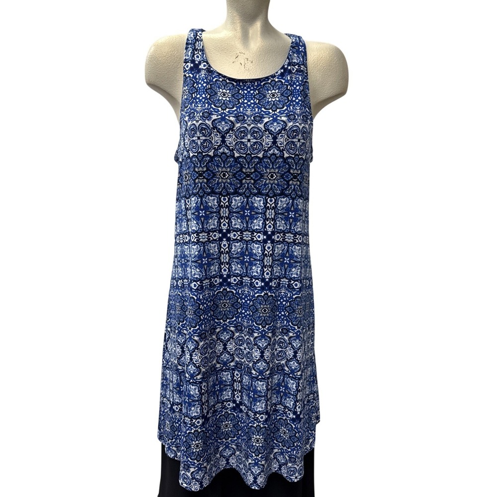 Cupio Blue White Medallion Print Sleeveless Halter Neck Mini Dress Large